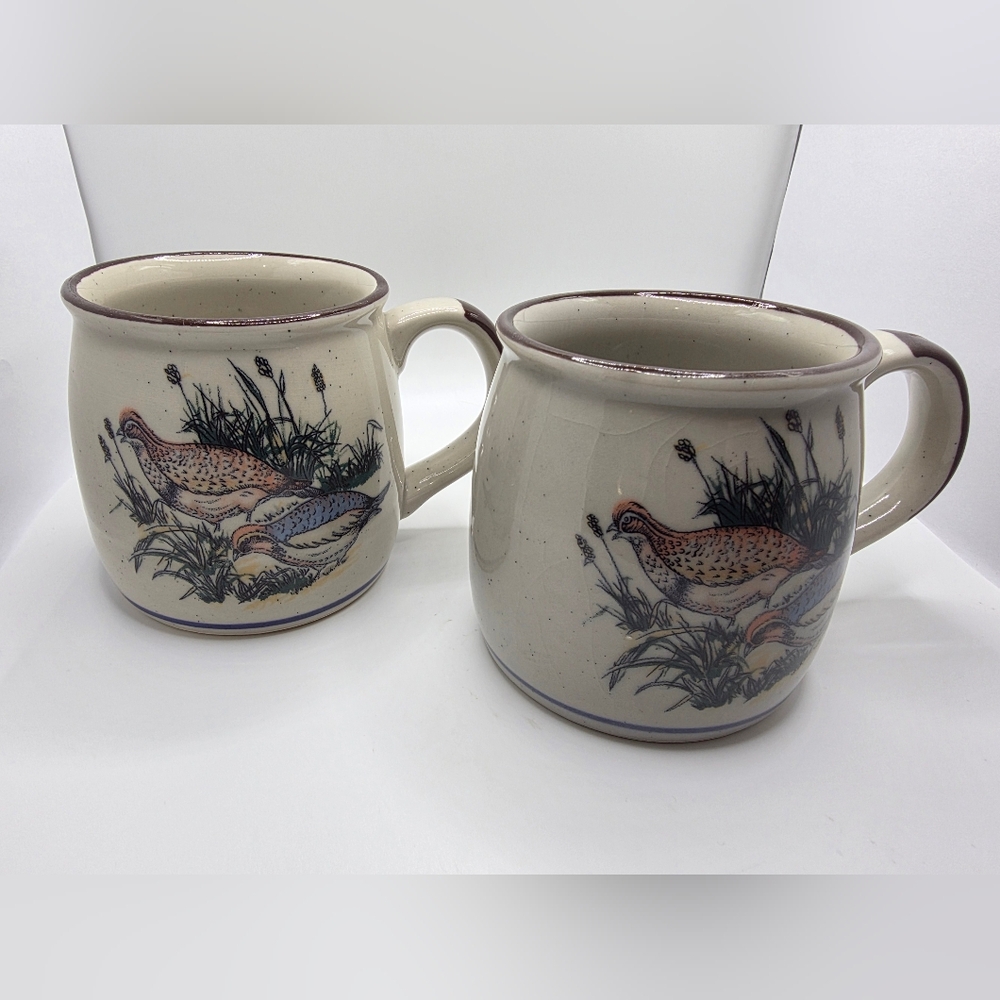 2pc Vintage Himark Stoneware Pheasant Quail Partridge Bird Coffee Mugs 10oz.